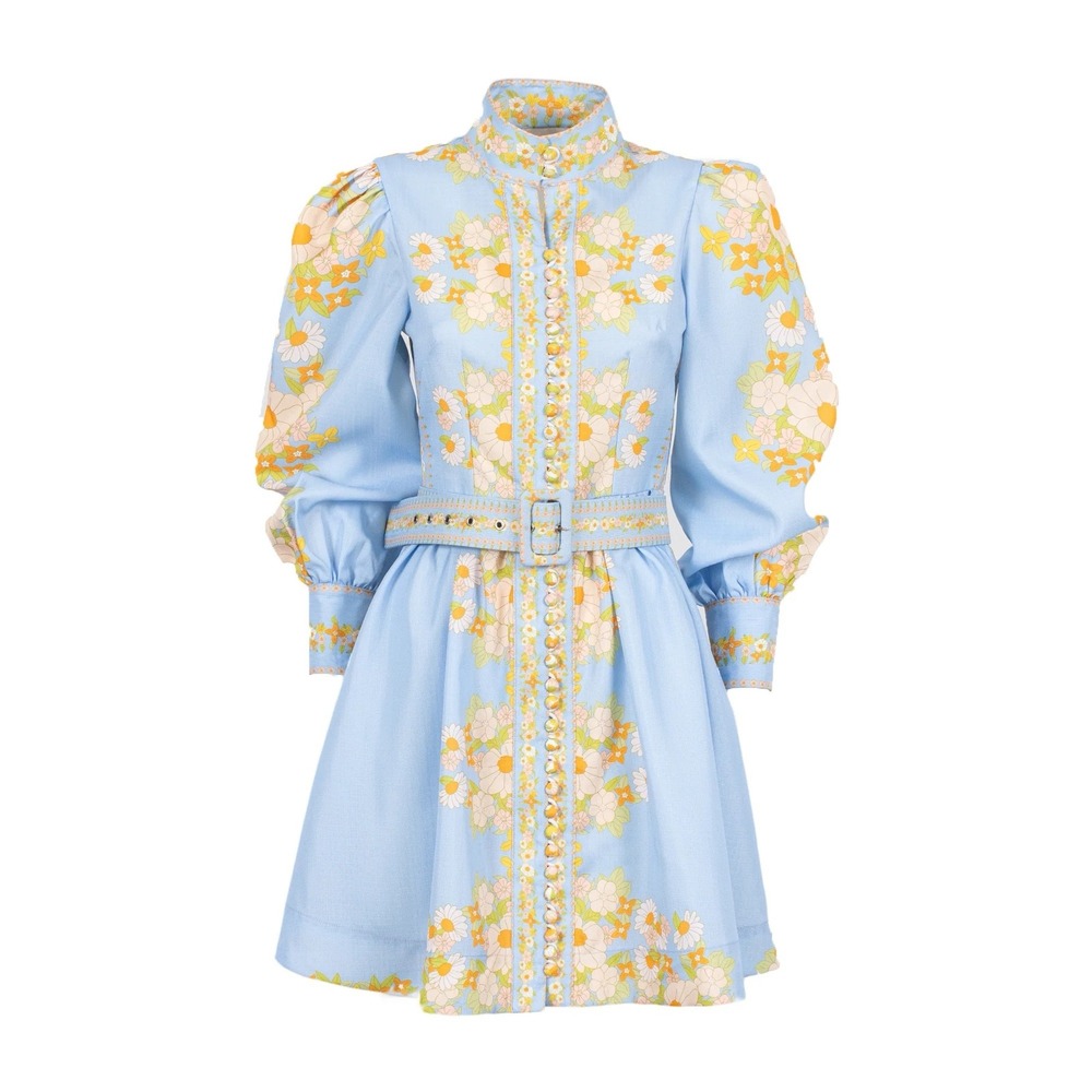 Beulah Leila Dress Floral Mini Blue 70s Retro Belted Long Sleeve Womens Sz S